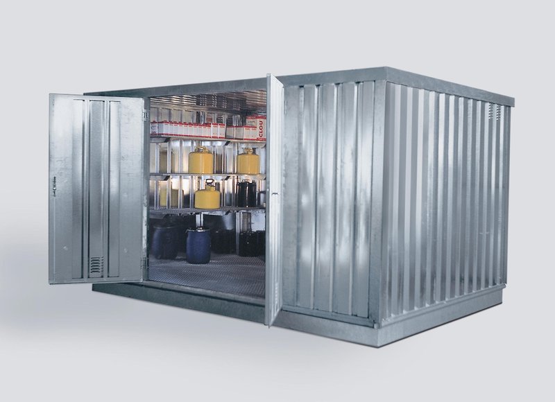 Gefahrstoffcontainer Begehbar, WHG-3 verzinkt, 2800x4100x2300, 2-flügelige, 11m², 1000kg Traglast