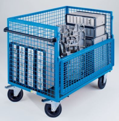 Drahtkastenwagen Kastenwagen 1250x800mm, ohne Deckel, MDF-Platte, Vollgummir., Tragf. 500kg, Blau