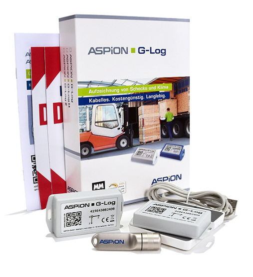 ASPION G-Log Starterpaket, Schock-/Temp-Sensoren IP50 Kartenleser PC-Software u. App