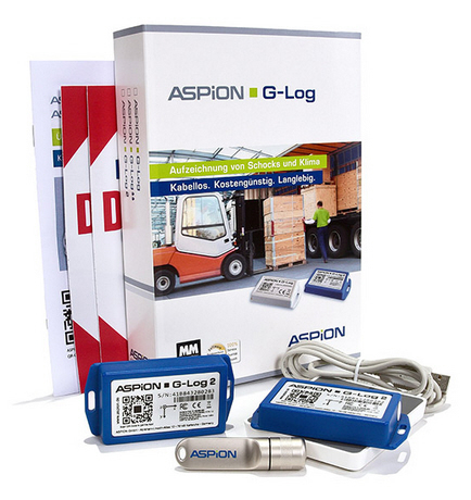 ASPION G-Log2 Starterpaket, Schock-/Temp/-Feucht.-Sensoren IP50 Kartenleser PC-Software u. App