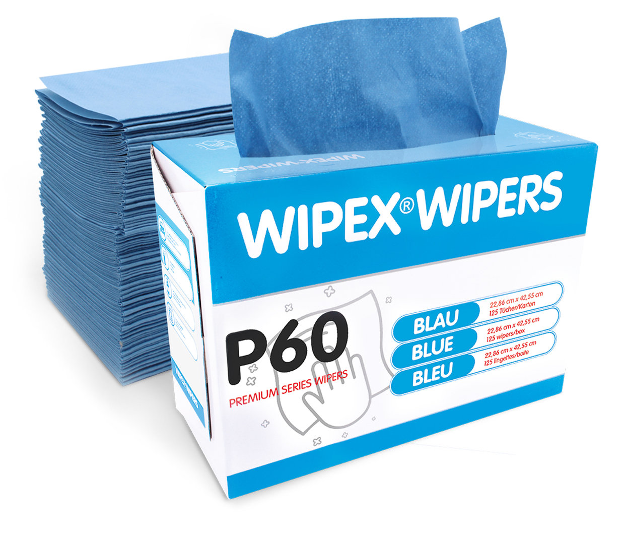 Reinigungstuch Industrie WIPEX Wipers P60, reißfest, 23 x 42 cm, 60g/m², Blau, 1250 Tücher/Karton